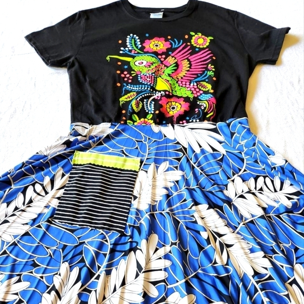 Upcycled Yazbek "What The‎ Frock" Colorful Glow in Dark Raw Hem SS Sz L Dress